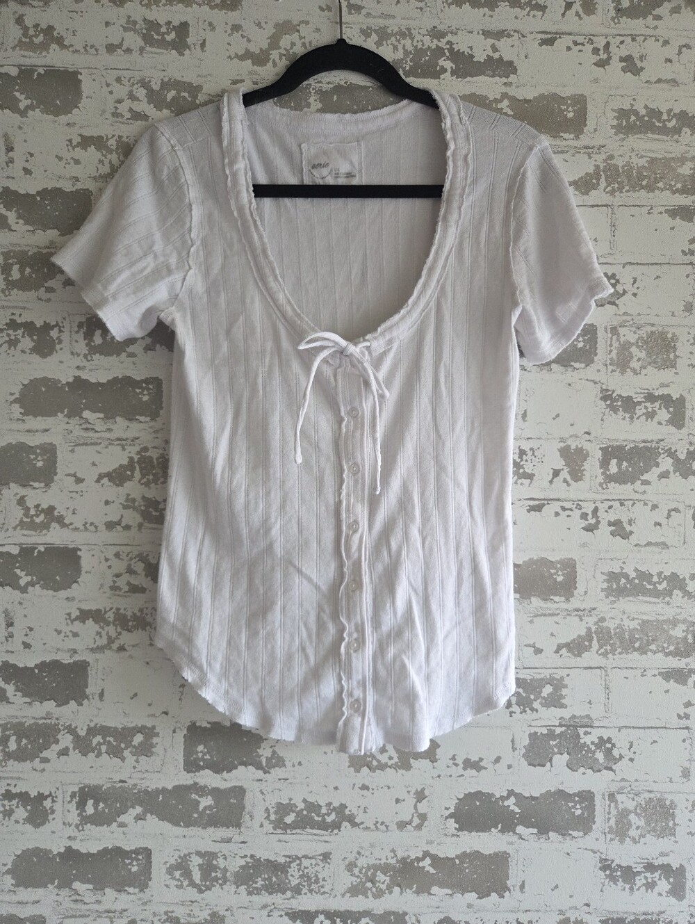Aerie White Pointelle Ribbed Tie Front Button Top Large